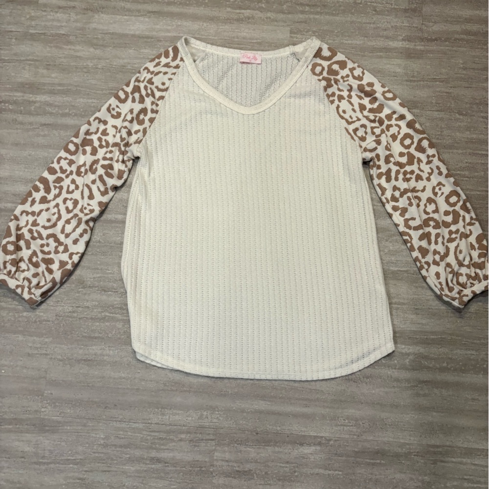 Pink Lily Cream and Brown Leopard Sleeve Top